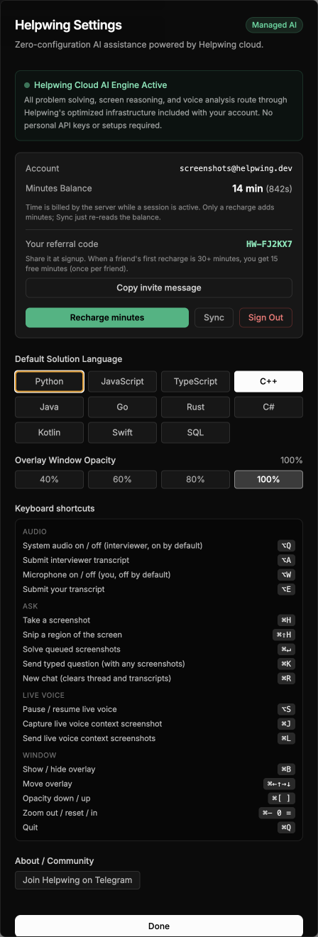 Helpwing Settings dialog with account balance and managed AI banner