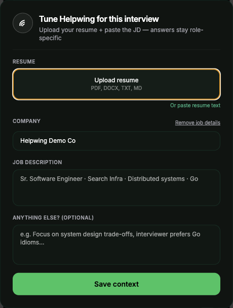 Tune Interview dialog with resume upload, company, job description, and optional notes